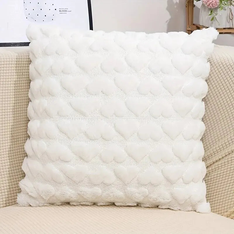 White love plush Valentine pillow cover with soft fluffy texture in romantic solid color design