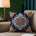 Boho decorative pillow cover with vibrant geometric mandala design on couch