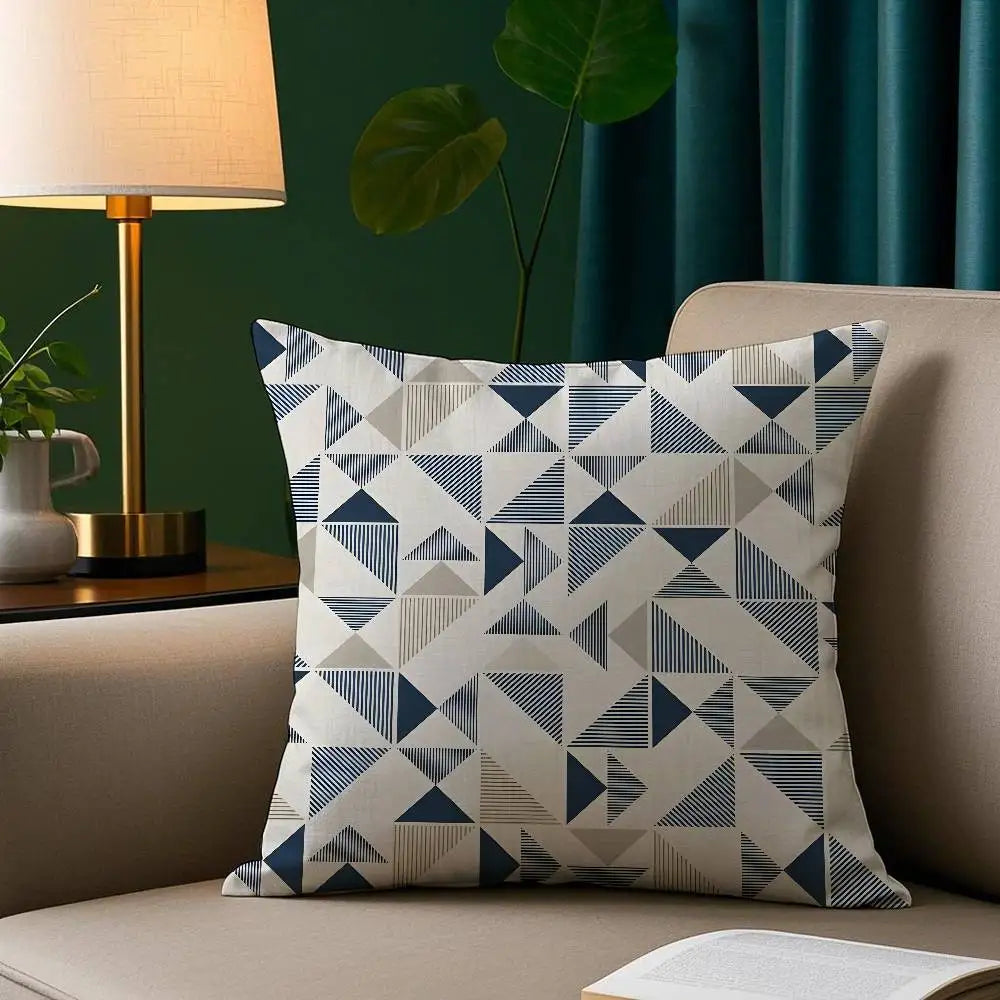 Ink blue geometric plush pillow cover with modern abstract pattern on soft fabric