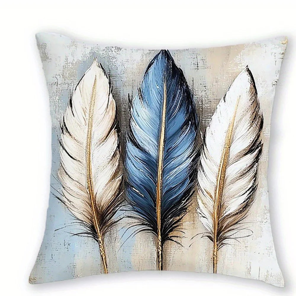 Blue and white floral feather pillow cover with elegant botanical and artistic pattern design