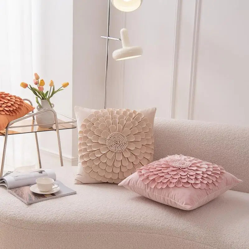 Luxury flower plush velvet pillow covers with 3D floral design in pink and beige on sofa