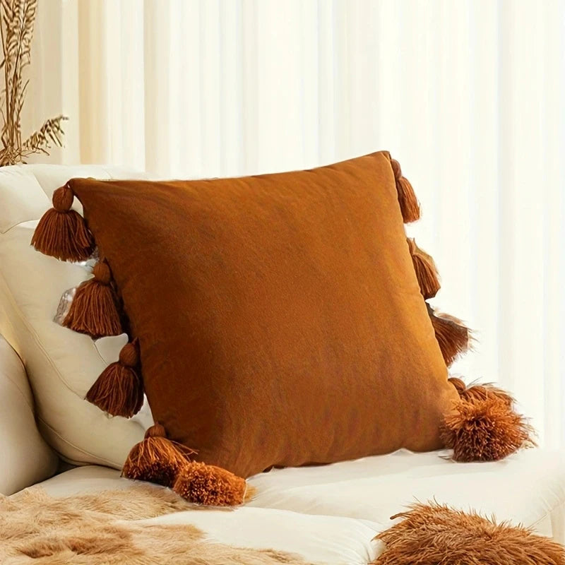 Brown pillow with tassels on a white sofa