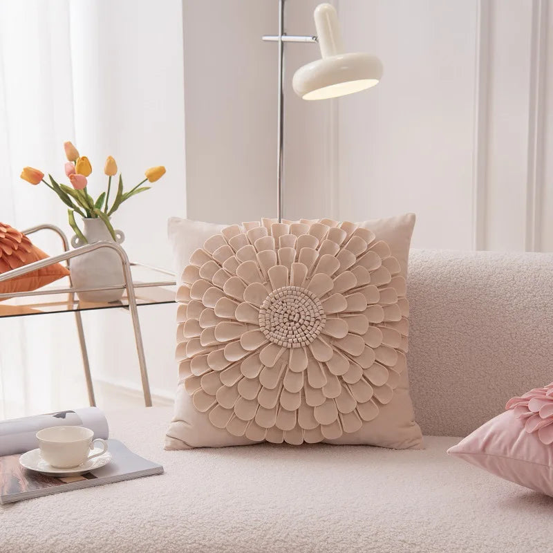 Beige velvet flower pillow cover with elegant 3D floral design