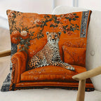 Orange chinoiserie pillow cover with cheetah motif and elegant oriental pattern design