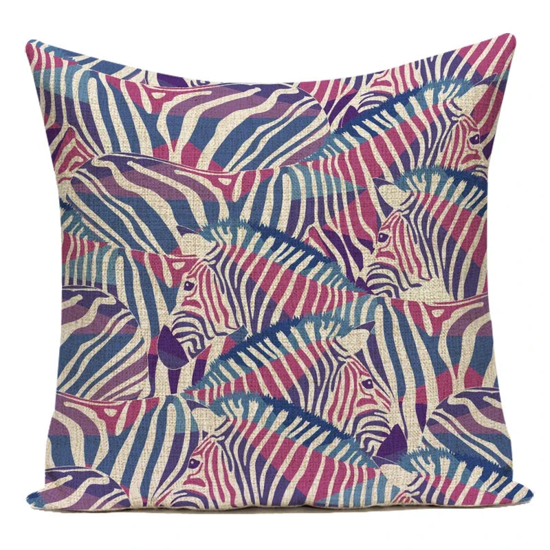 Decorative pillow with colorful zebra pattern on a white background