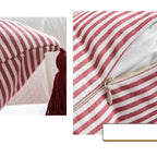 Red striped tassel pillow cover with farmhouse pattern and decorative fringe detail