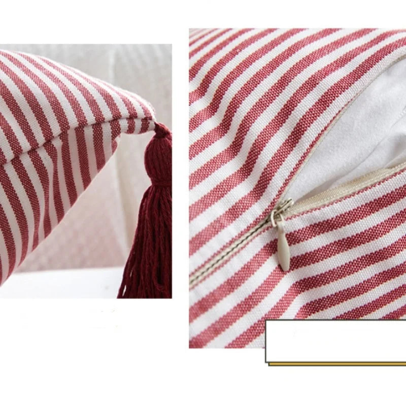 Red striped tassel pillow cover with farmhouse pattern and decorative fringe detail