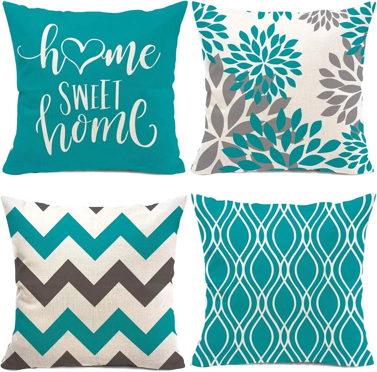 Four decorative pillows with different patterns and text on a white background