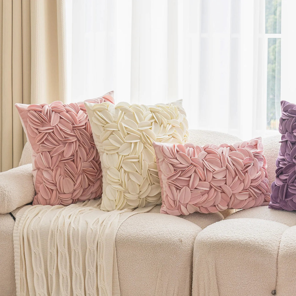 Luxury velvet pillow cover with floral petal embroidery and elegant textured design