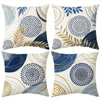 Blue decorative pillow cover with gold leaf botanical pattern on soft fabric