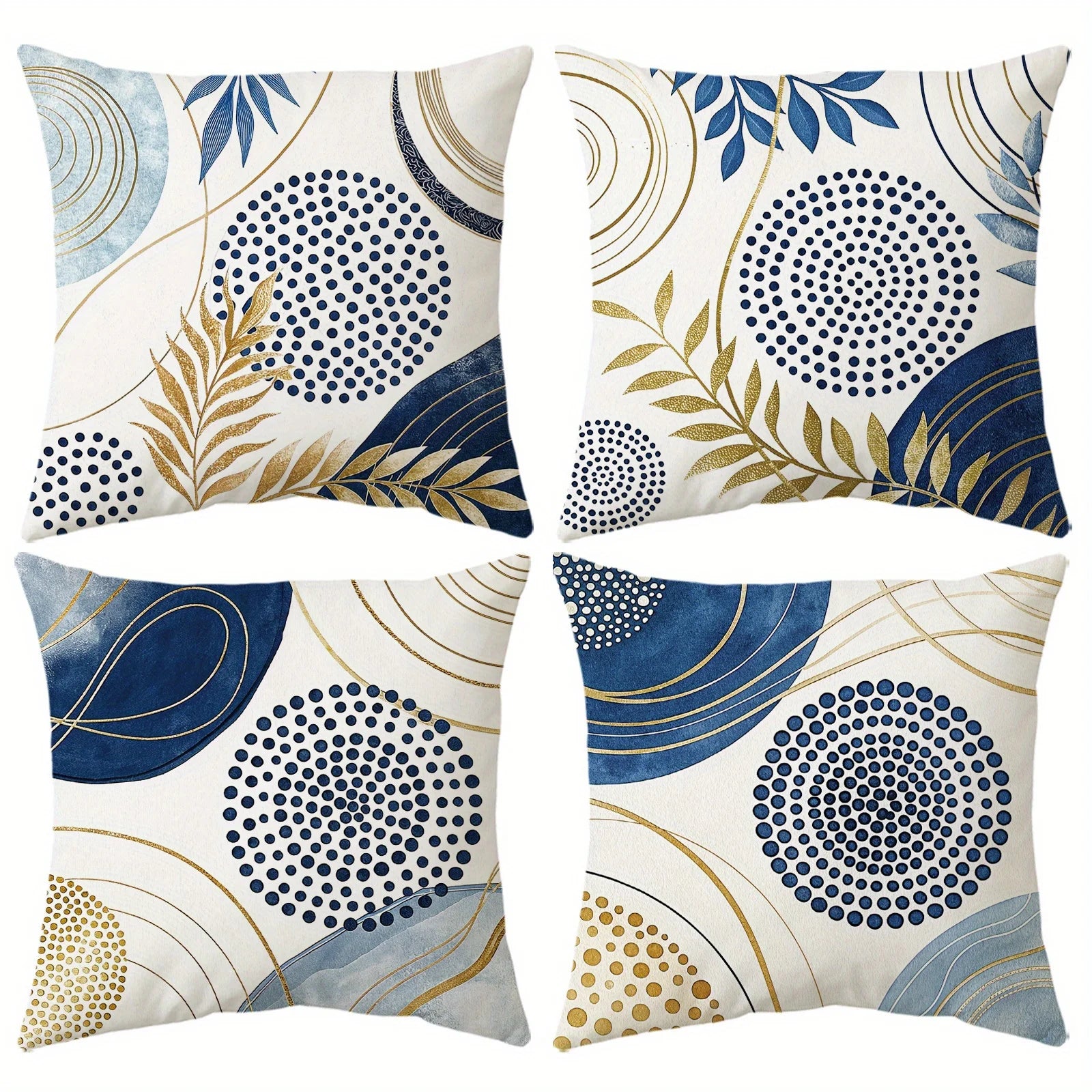 Blue decorative pillow cover with gold leaf botanical pattern on soft fabric