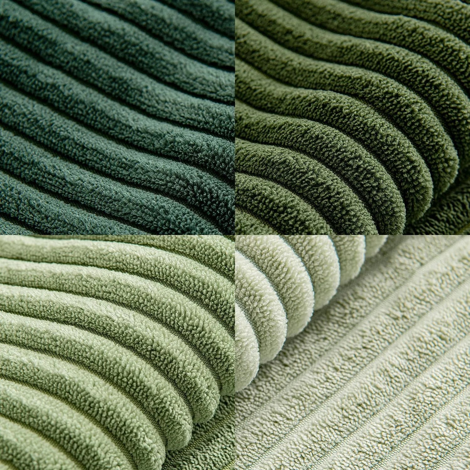 Close-up of green corduroy fabric with ribbed striped texture detail