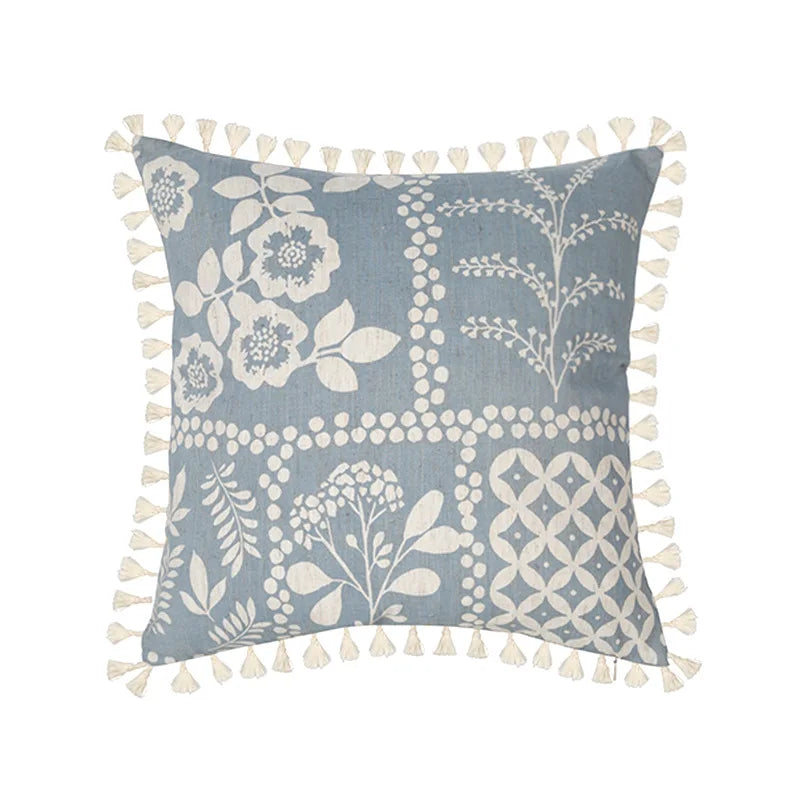 Vintage Blue Green Tassel Pillow Cover