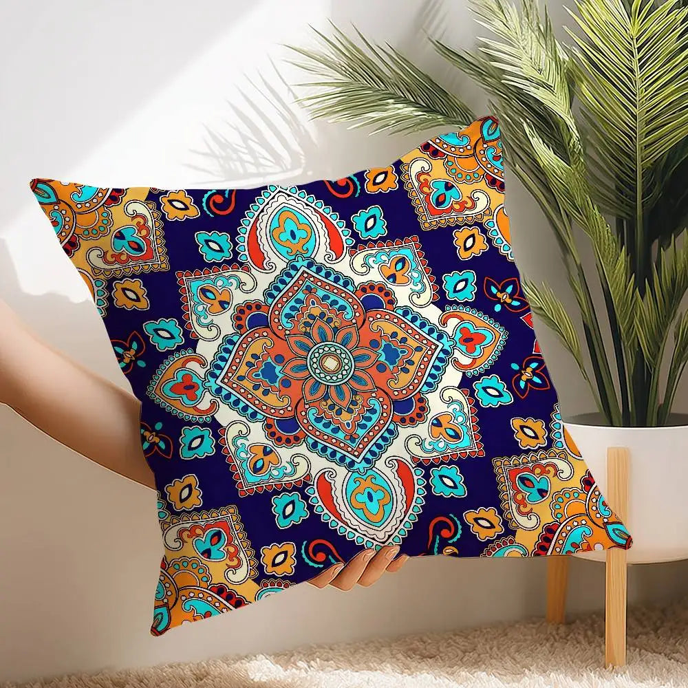 Bohemian mandala pillow cover with bold colorful design 