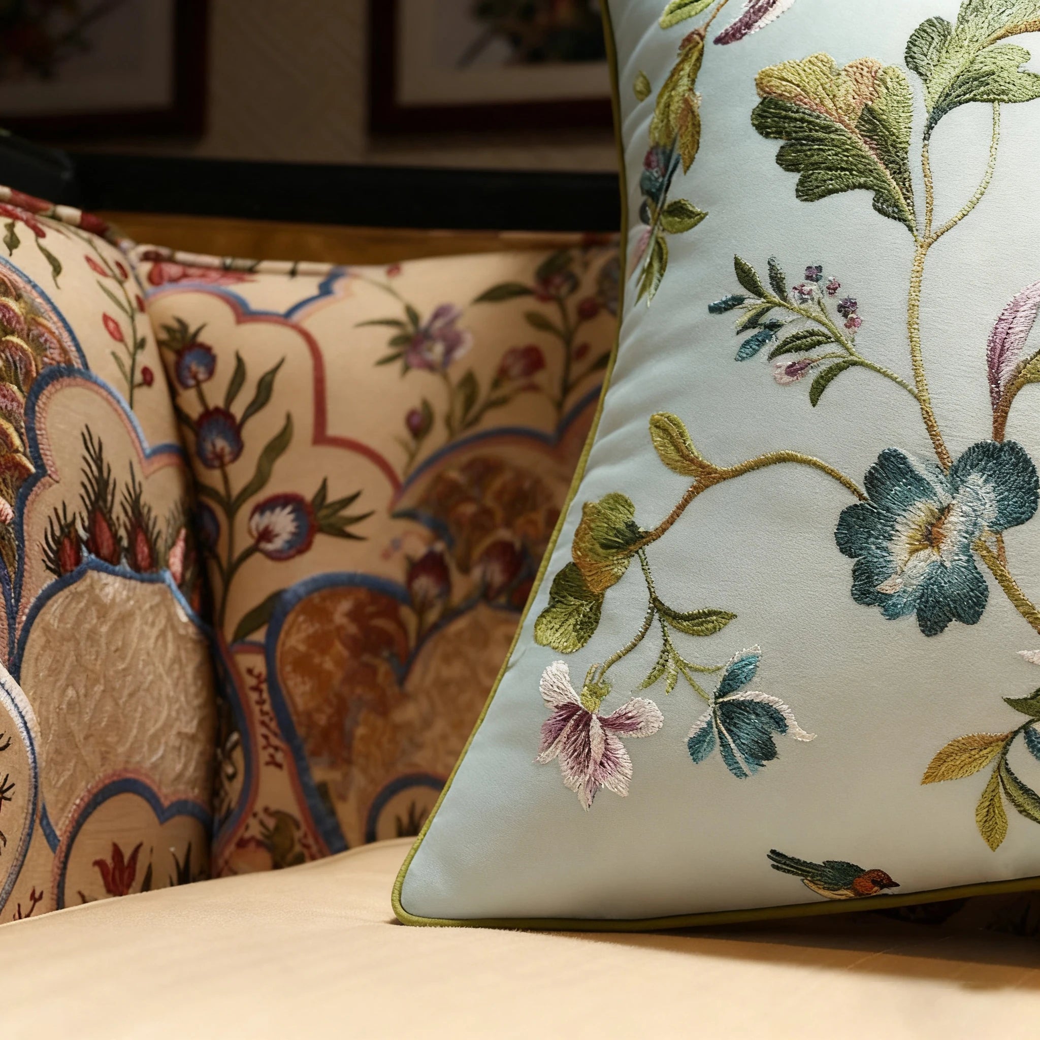 Decorative pillows with floral embroidery on a couch
