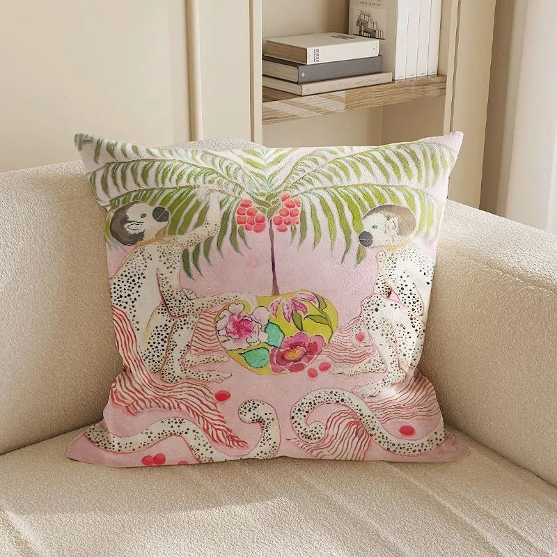Decorative pillow with animal design on a beige sofa