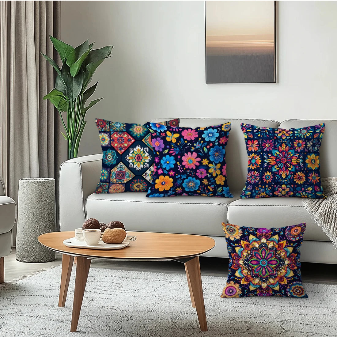 Living room with a white sofa adorned with colorful floral-patterned cushions, a wooden coffee table, and a plant.