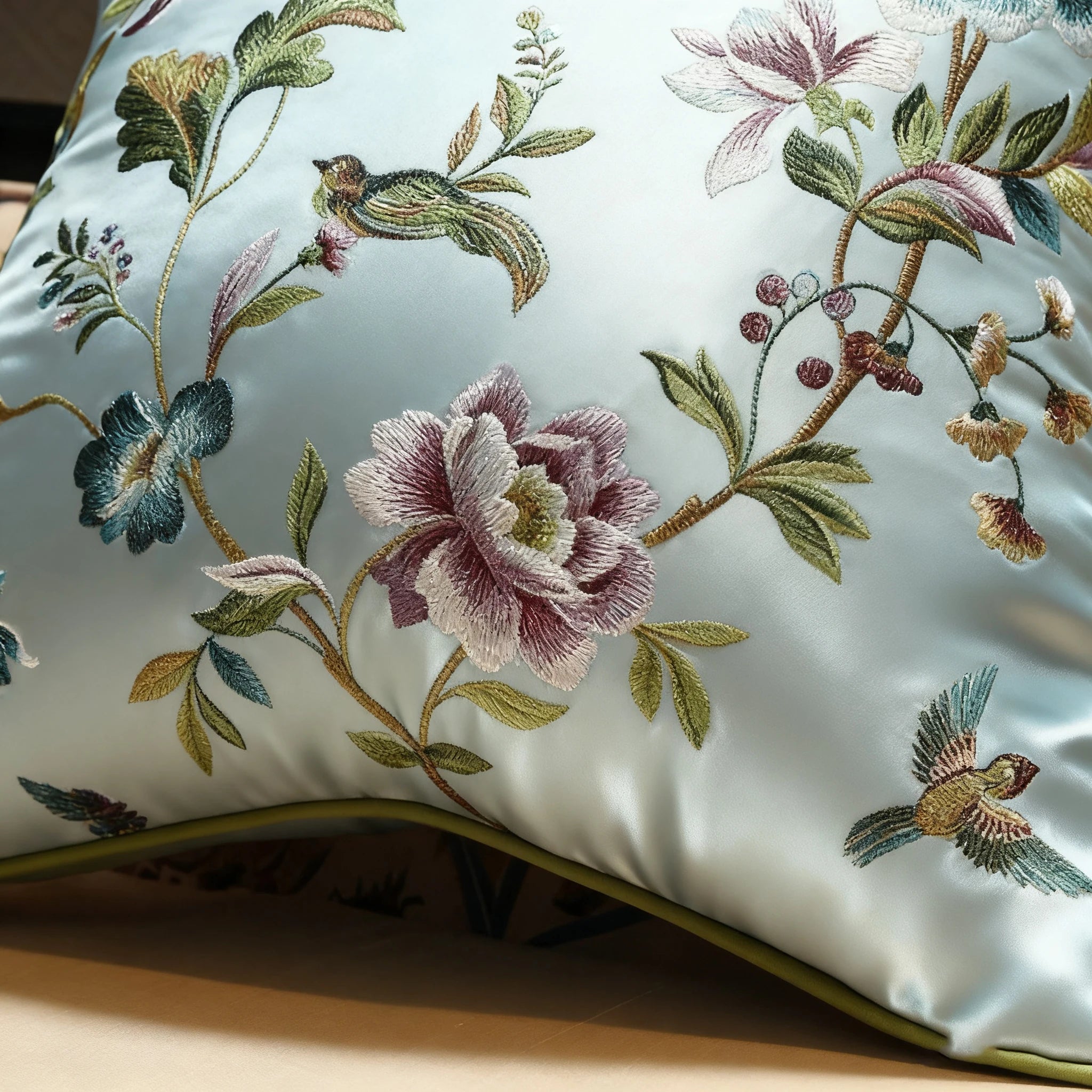 Embroidered pillow with floral and bird patterns on a light blue background