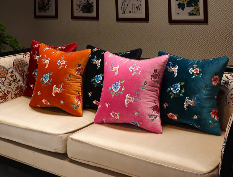Embroidered Floral Pillow Cover