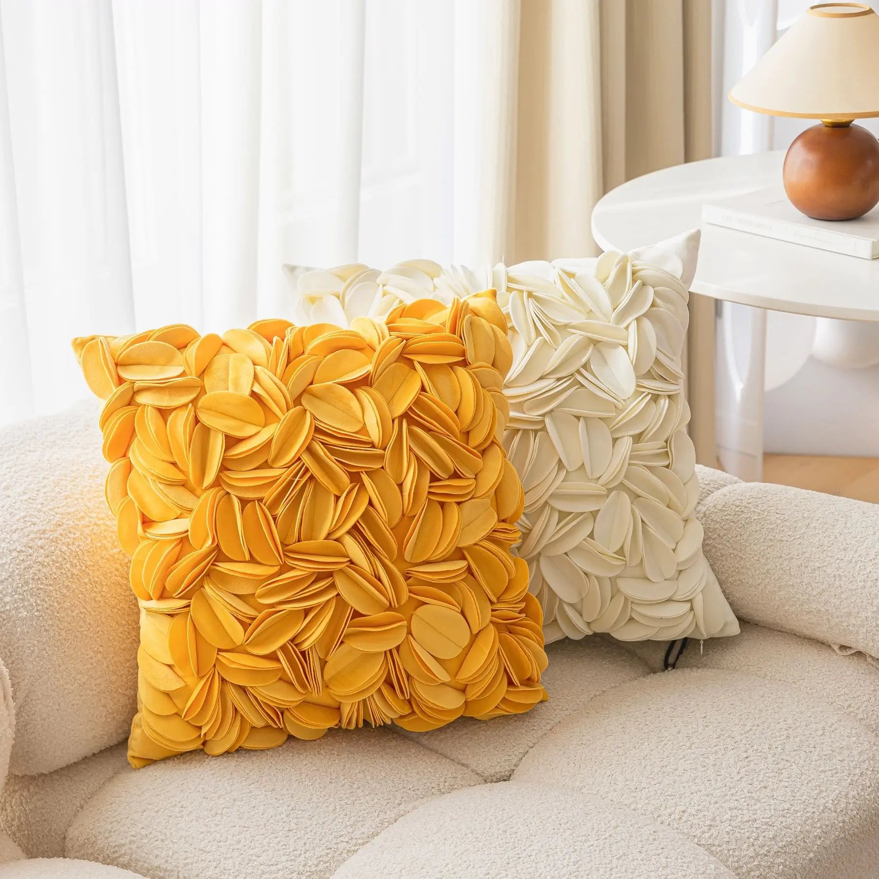 Luxury velvet pillow cover with floral petal embroidery and elegant textured design