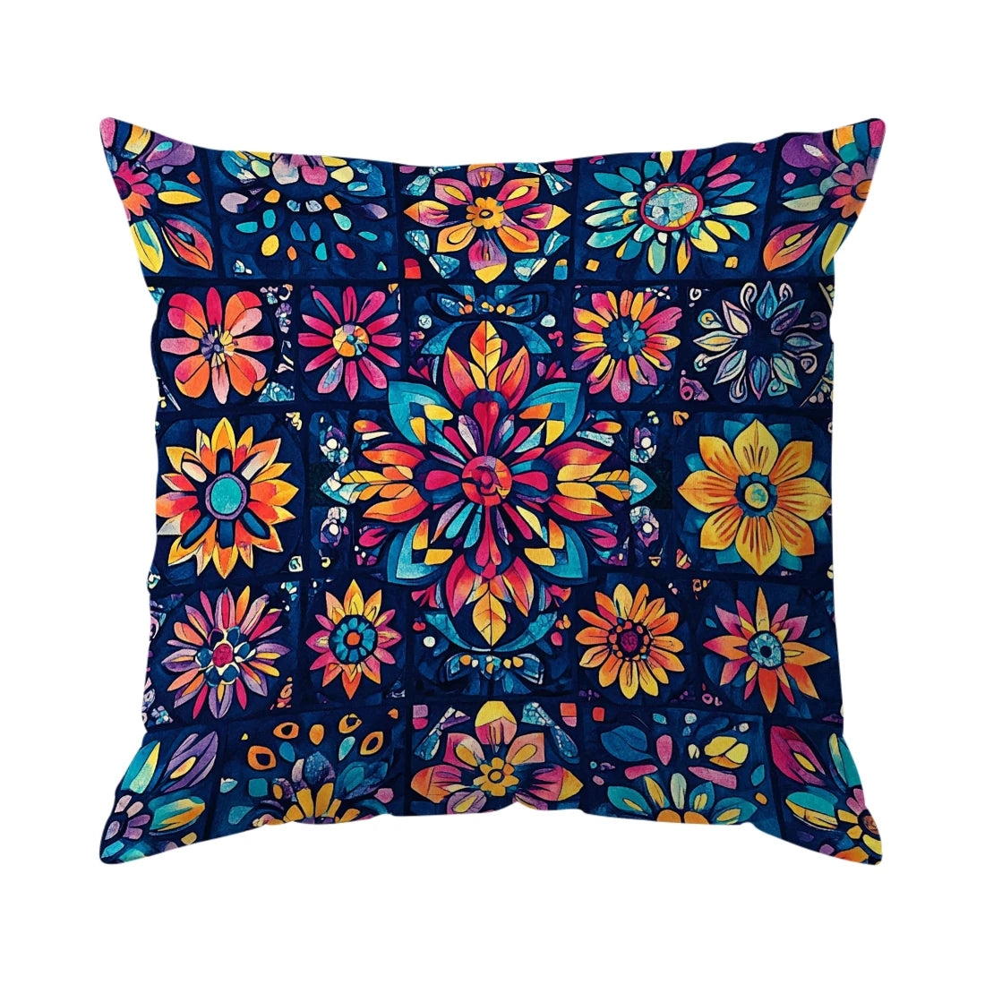Colorful floral patterned pillow on a white background