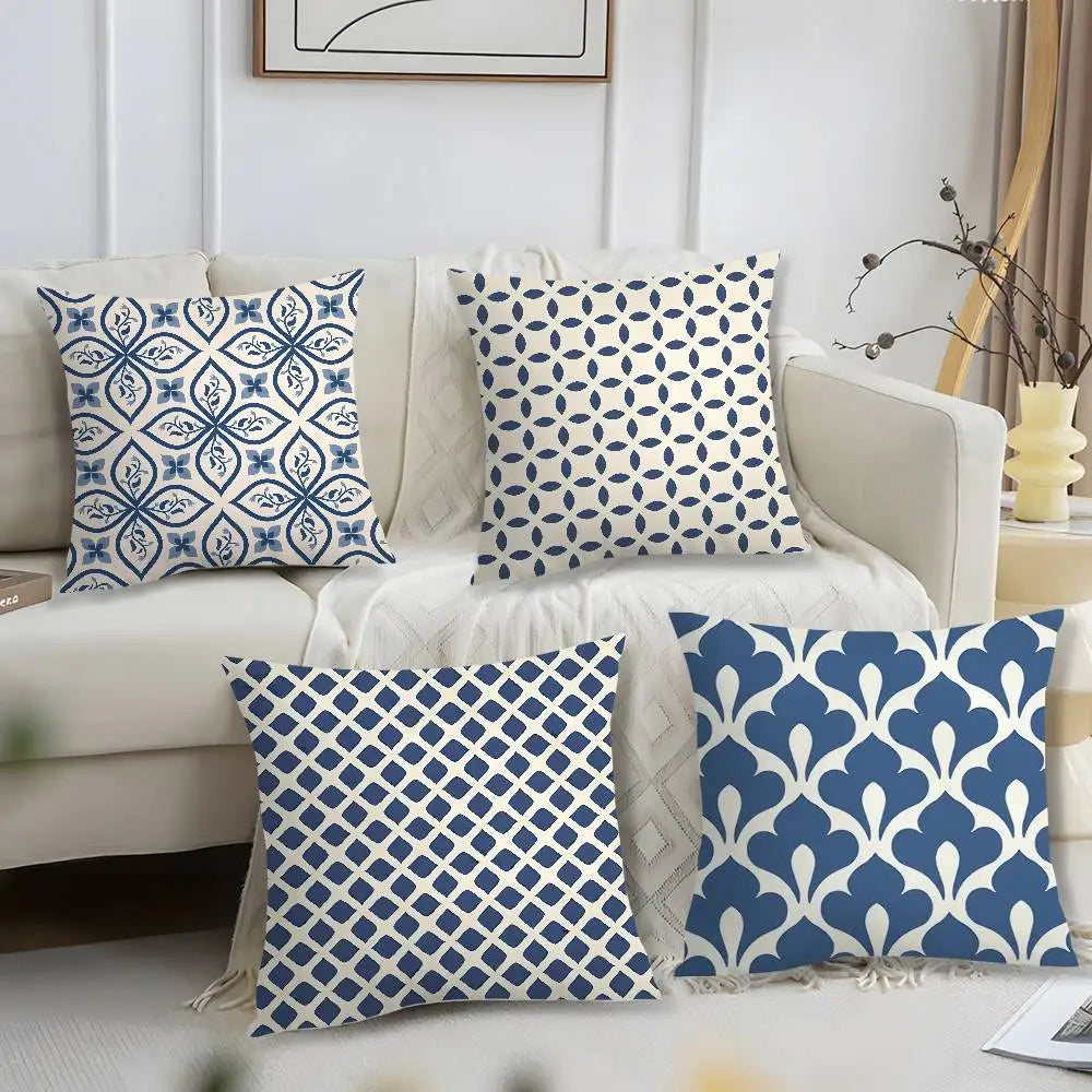 Ink blue geometric plush pillow cover with modern abstract pattern on soft fabric