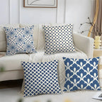 Ink blue geometric plush pillow cover with modern abstract pattern on soft fabric