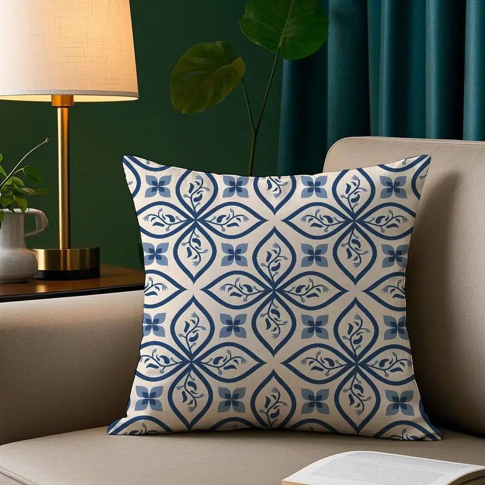 Ink blue geometric plush pillow cover with modern abstract pattern on soft fabric