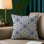 Ink blue geometric plush pillow cover with modern abstract pattern on soft fabric