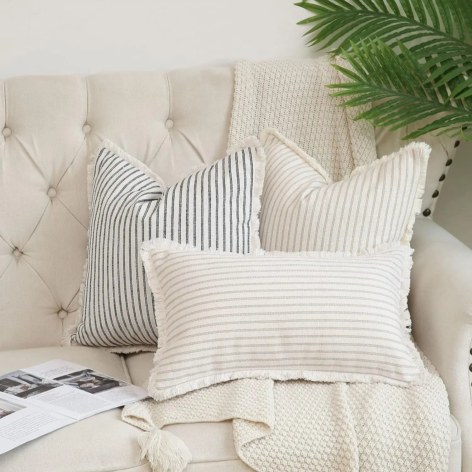 Fringe Striped Cotton Pillow Cover