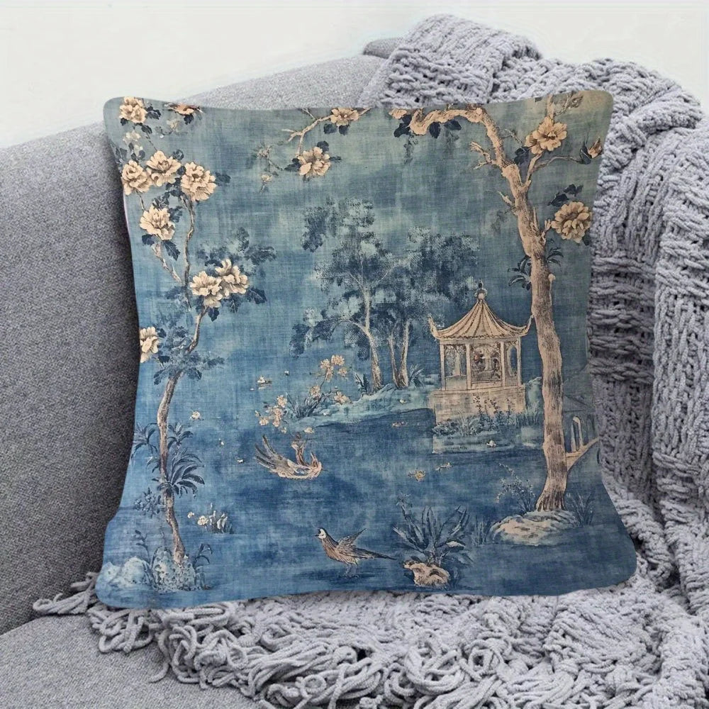 Blue chinoiserie vintage pillow cover with elegant floral and oriental pattern on plush fabric