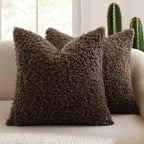 Brown plush lamb fleece teddy pillow cover with soft curly texture and cozy solid color design