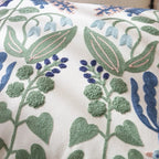 Close-up of embroidered floral pattern on fabric with green, blue, and pink colors.