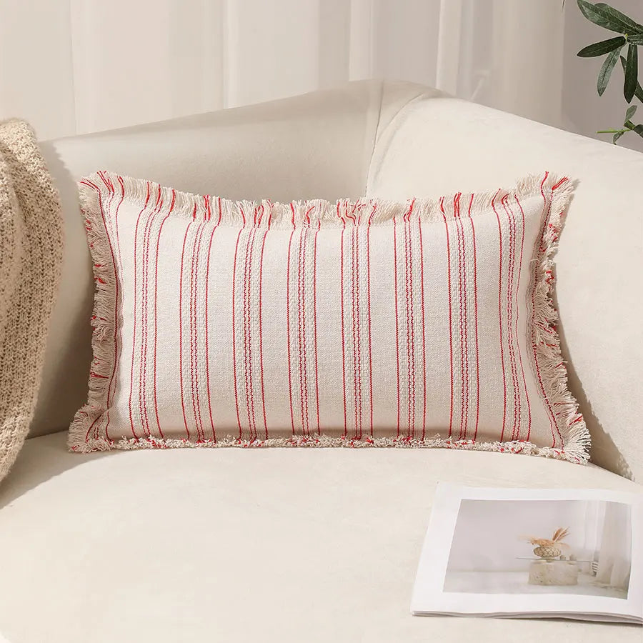 Boho Striped Fringed Pillow Cover