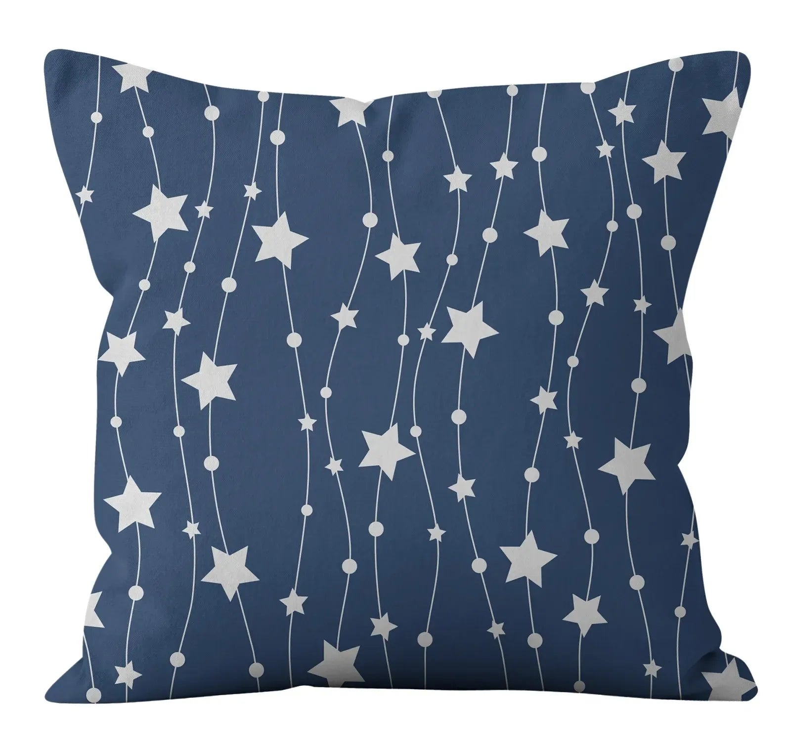 Navy blue pillow with white star pattern on a white background