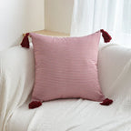 Red striped tassel pillow cover with farmhouse pattern and decorative fringe detail