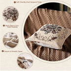 Decorative pillow with floral embroidery on a textured surface, showing soft chenille back, cozy solid flocking, and smooth zipper closure.