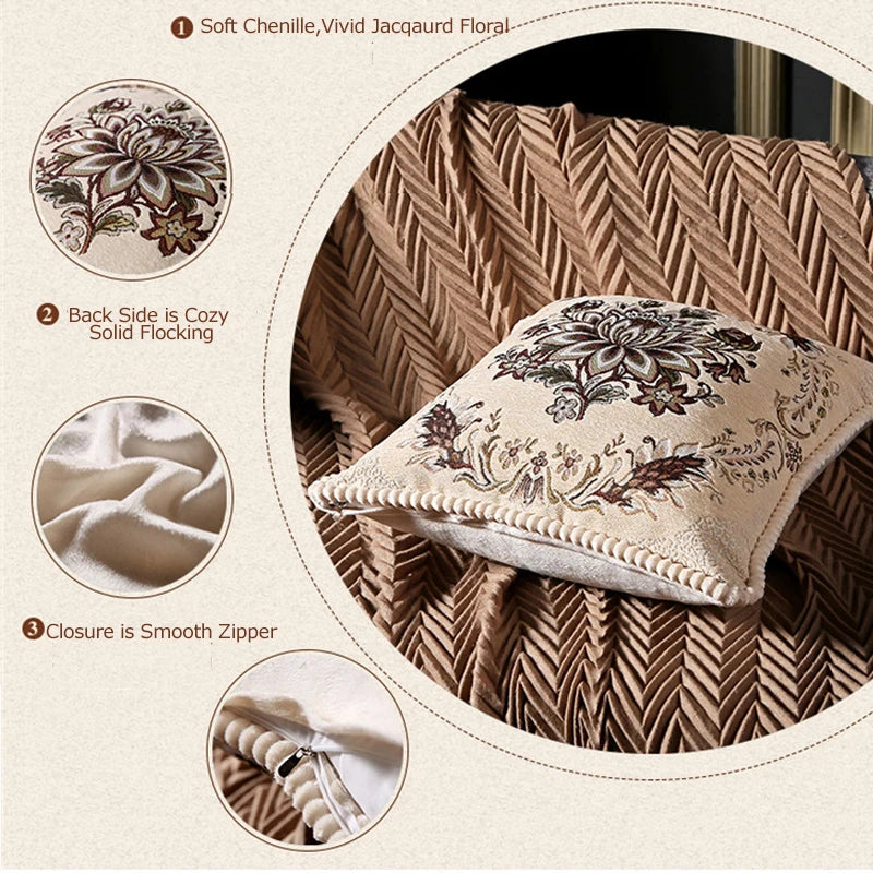 Decorative pillow with floral embroidery on a textured surface, showing soft chenille back, cozy solid flocking, and smooth zipper closure.