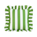 Green and white striped pillow with ruffled edges on a white background