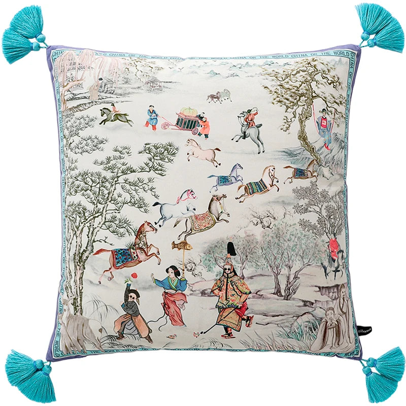 Decorative pillow with intricate design of people and animals, tassels on corners.