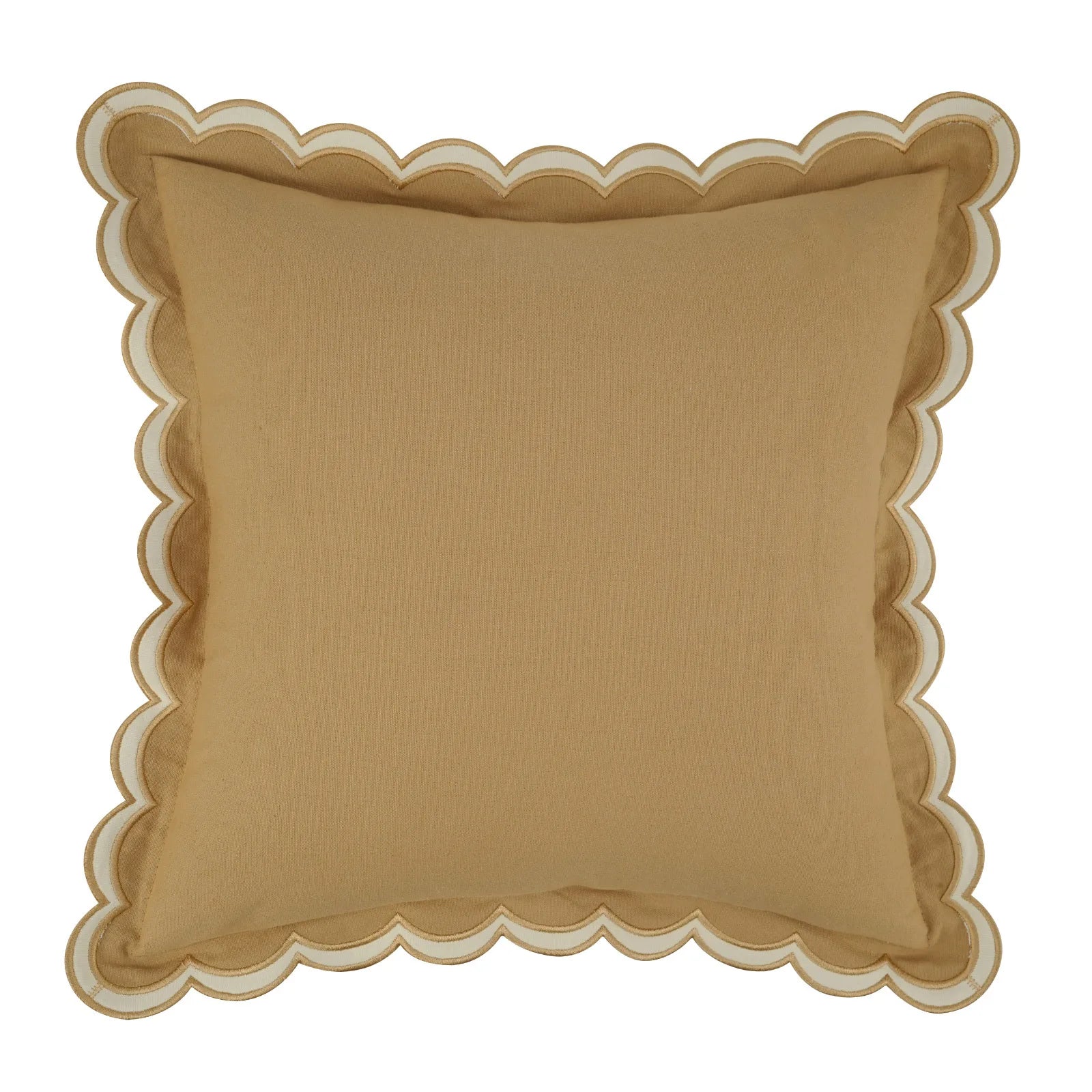 Light brown boho lace edge pillow cover with soft solid color and wavy embroidered trim design
