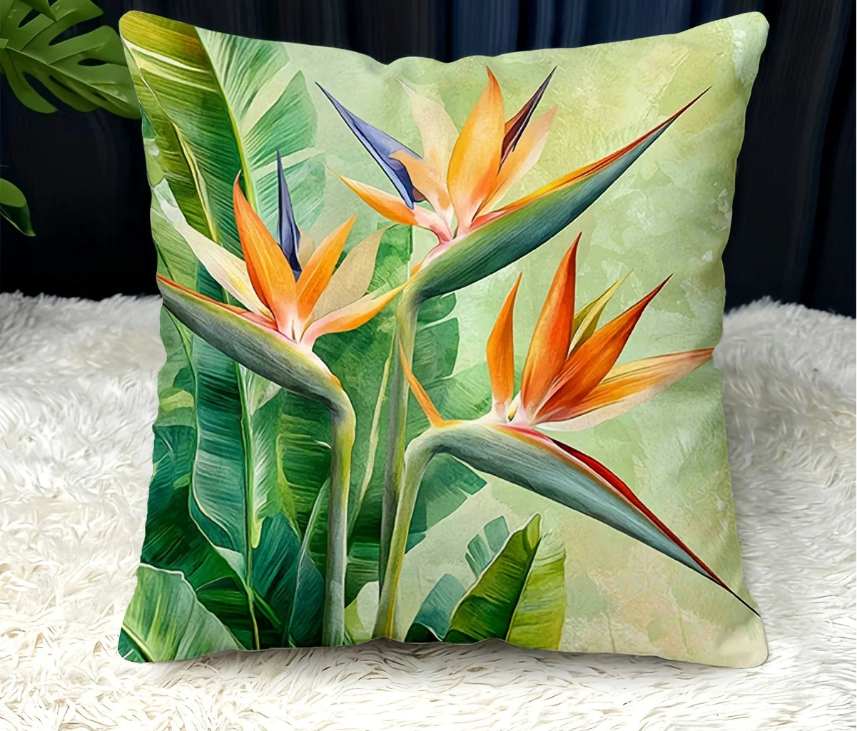 Bird of paradise tropical pillow cover with lush green leaves and vibrant floral botanical design