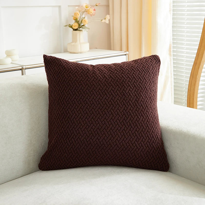 Brown textured pillow on a white couch with a blurred background