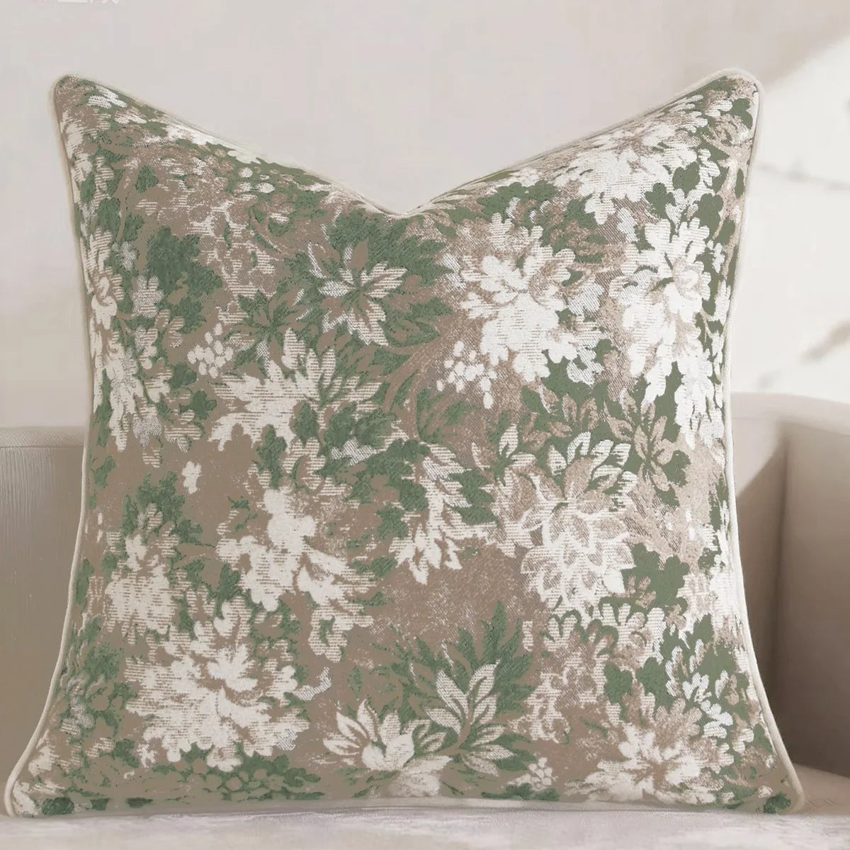 Floral patterned pillow on a neutral background