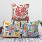 Marine life pillow covers with coral and starfish patterns in colorful coastal design