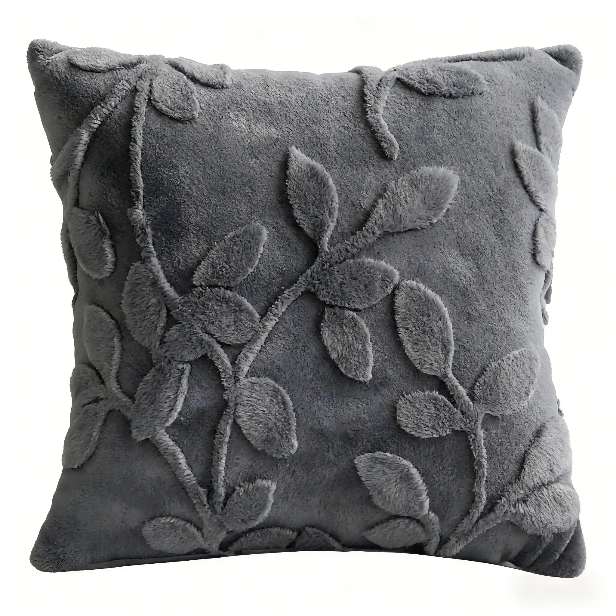 Gray pillow with leaf pattern on a white background