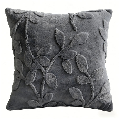 Gray pillow with leaf pattern on a white background