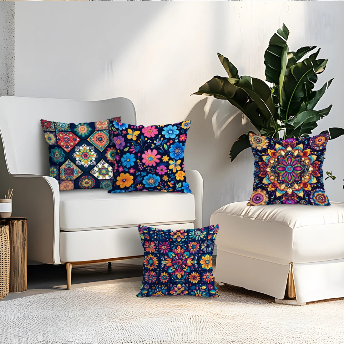Colorful floral-patterned pillows on a white armchair with a plant in the background.