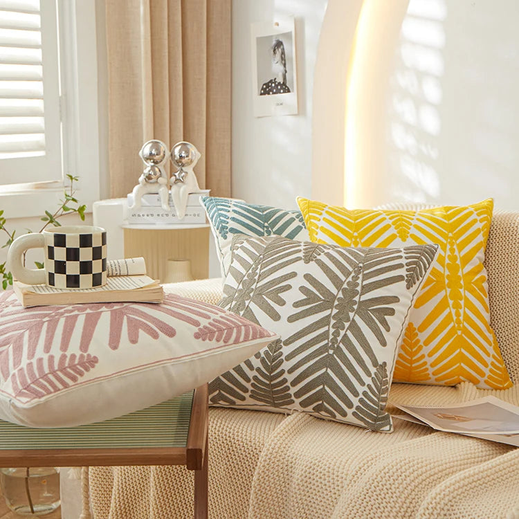 Embroidered Leaf Pillow Cover