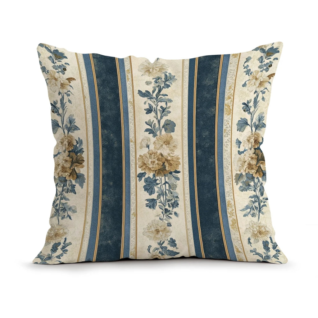 Decorative pillow with floral and striped pattern on a white background